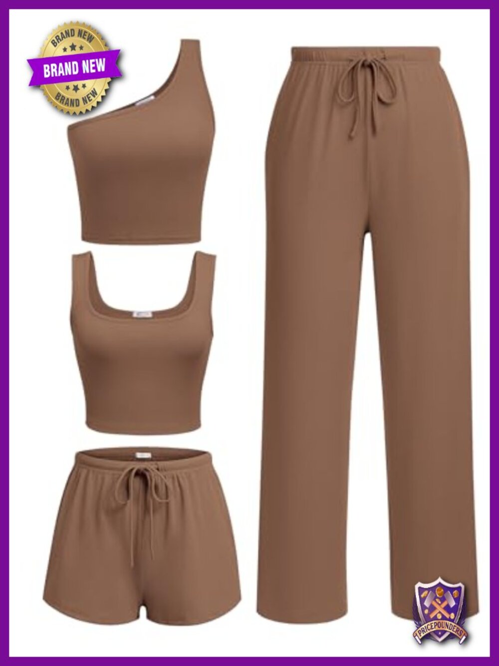 Women's Ribbed 4 Piece Lounge Set Crop Tops Shorts Pants Pockets